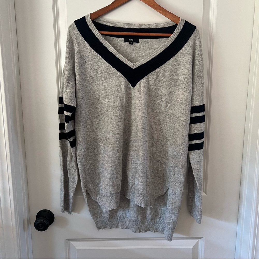 Gray V-Neck Sweater with Navy Stripes
